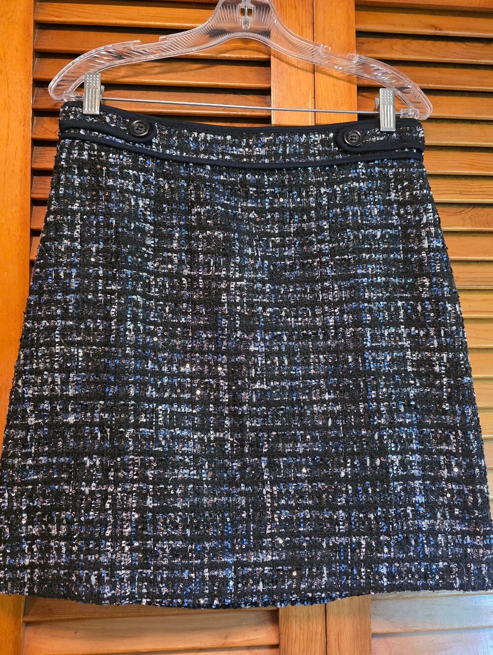 Ann Taylor Sequin Blue Metallic Tweed Button Tab A-Line Mini Skirt Women's Sz 8